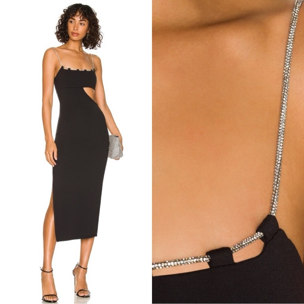 NWT Lovers + Friends Charlotte Midi Dress Black Silver Crystal One Shoulder